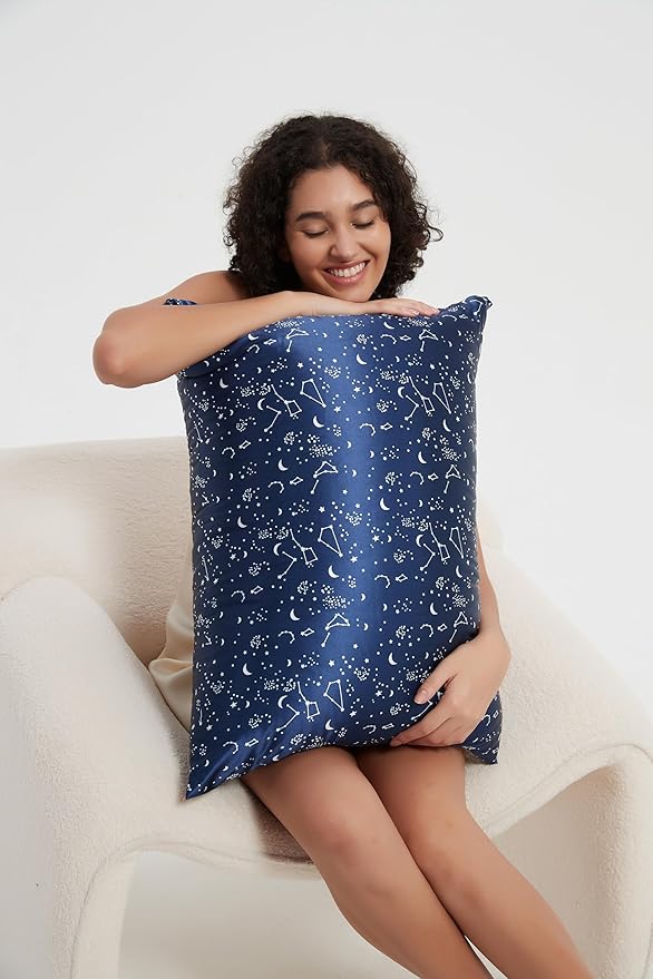 ALASKA BEAR Silk Pillowcase Envelope Closure, 22 Momme 100 Percent Long Overlap Sleeve Mulberry Silk Pillow Case Foldover Design, Machine Washable and NO Zipper, Queen (1, Constellation)