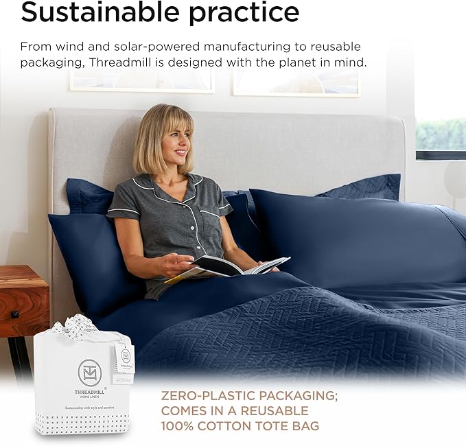 Threadmill 100% Cotton Sheets for Twin Size Bed - 600 Thread Count Twin Bed Sheets Set with 15” Deep Pocket - Sateen Weave 3-Piece Bedding Set with Cooling Effect, Folkstone Blue