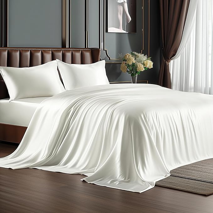 BEDELITE Satin Sheets Full Size Bed Set, Luxury Soft Ivory White Silky Sheet for Hair and Skin, Similar to Silk Bed Sheets Set 4 Pieces with 1 Deep Pocket Fitted Sheet, 1 Flat Sheet, and 2 Pillowcases
