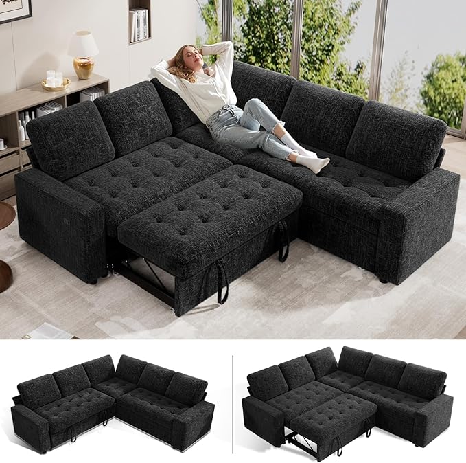 WEUP 5 Seat L Shaped Sectional Sleeper Sofa Bed with Pull Out Bed, Chenille Sectional Sleeper Couch with Adjustable Backrest, USB Ports & Storage Seat, Tool-Free Assembly, Chenille Black