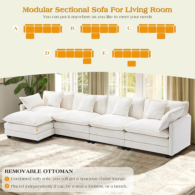 149.2" Modular Sectional Sofa,L Shaped Couch for Living Room,Modern Deep Seat Sofa 4 Seater Chenille Fabric Comfy Cloud Couches with Throw Pillows & Movable Ottoman