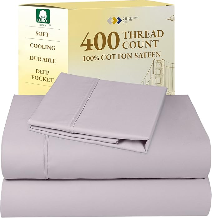 California Design Den Soft Twin Sheets Set - 400 Thread Count Sateen, Natural 100% Cotton Sheets, Deep Pockets, and Durable Bedding Set for Dorm Rooms & Adults - Dusky Lavender Grey
