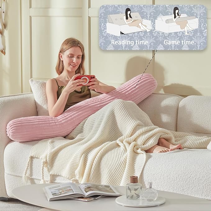 Headboard Wedge Pillow + A Long Neck Roll Pillow Body Pillow，Large Headboard Pillow with Removable Cover (Pink, Queen：59x8x20 inches)