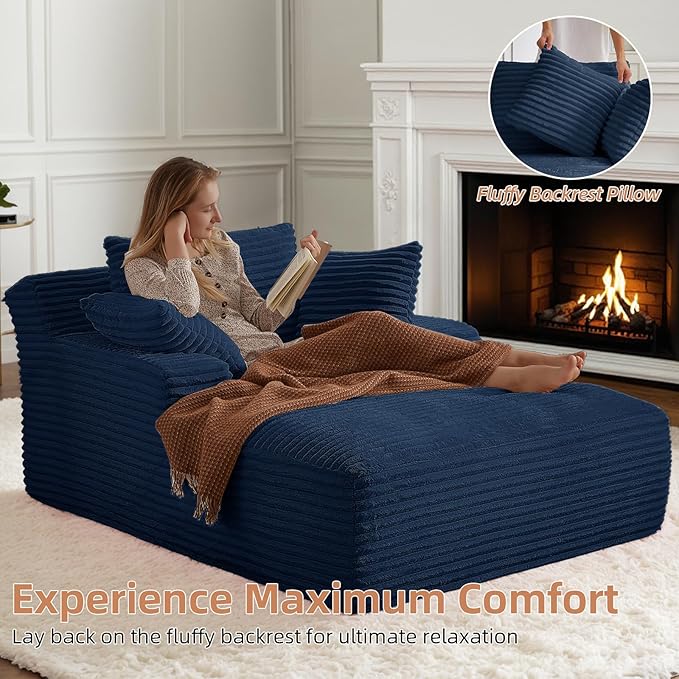 Oversized Chaise Lounge Chair Indoor Corduroy Sofa Bed with Throw Pillows Recliner Chair Comfy Large Deep Seat Sofa Couch for Living Room, Bedroom, Apartment (Blue)