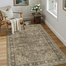 4x5 Washable Brown Area Rug Vintage Entryway Office Carpet Non-Slip Soft Low Pile Distressed Indoor Throw Rug for Living Room Bathroom Dining Room