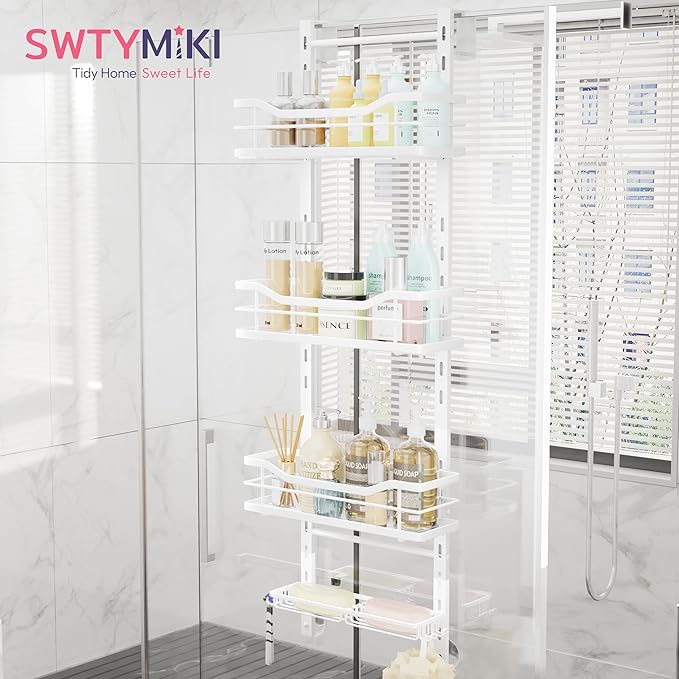 SWTYMIKI Over the Door Shower Caddy - 4 Tier Adjustable Shower Organizer Hanging with Soap Holder, No Drilling Stainless Steel Bathroom Rack Hanging for Body Wash, Shampoo, Soap, Razor, White