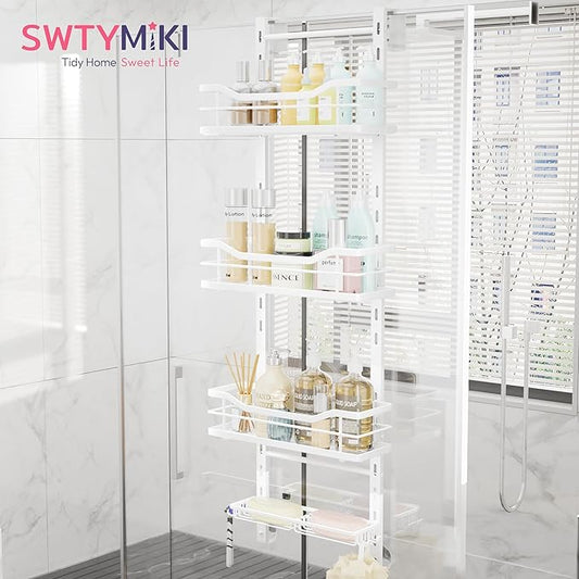 SWTYMIKI Over the Door Shower Caddy - 4 Tier Adjustable Shower Organizer Hanging with Soap Holder, No Drilling Stainless Steel Bathroom Rack Hanging for Body Wash, Shampoo, Soap, Razor, White