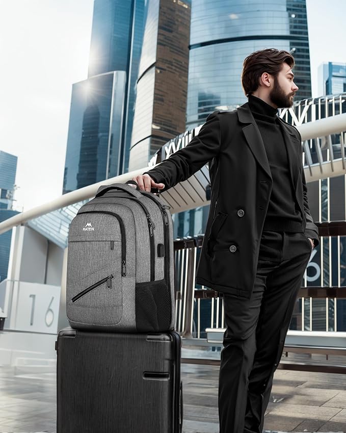 MATEIN Travel Laptop Backpack, 17 Inch Work TSA Approved Carry on Backpack, Large Computer Business Bag for Men Women with USB Port and Trolley Sleeve, College School Rucksack Book Bag, Grey