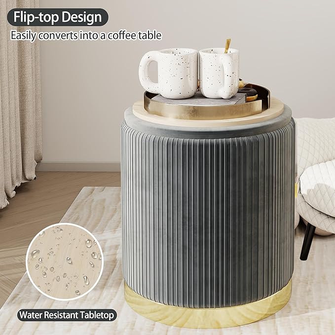 Twira Round Ottoman with Storage Set of 2, Velvet Nesting Ottoman for Living Room,Bedroom,Dorm,RV, Flip-up Lid Coffee Table, Upholstered Makeup Vanity Stool,Multifunctional Foot Rest 330lbs Load Grey