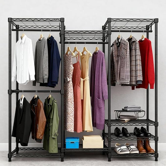 KAXIWEI Portable Closet Wardrobe – Heavy-Duty Freestanding Clothes Rack with 4 Hanging Rods & 8 Shelves, Adjustable Clothing Organizer, 67.3" L x 14.6" W x 76.8" H, Max Load 850 lbs