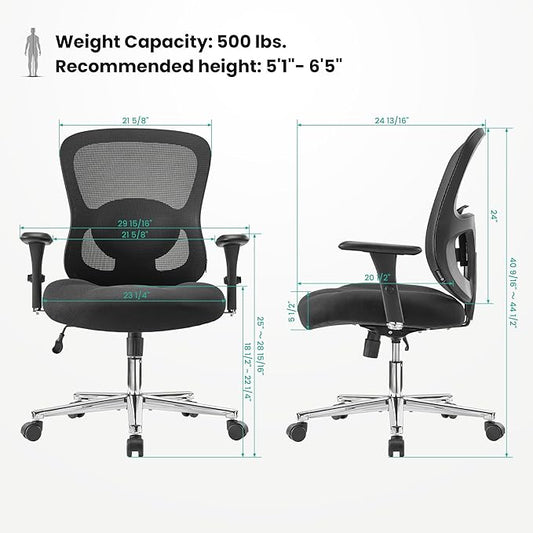 EUREKA ERGONOMIC Big and Tall Office Chair for Heavy People, Hoss 500lbs Heavy Duty Office Chair Mesh Ergonomic Desk Chair with Armrest, Rolling Chair with Wide Comfy Seat for Adult, Black