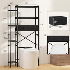 Over The Toilet Storage Cabinet with 2 Drawers - 7 Tier Bathroom Organizer with Adjustable Shelf & Side Rack, Hair Dryer Toilet, Paper Holder & 2 Hooks for Restroom, Laundry, Black