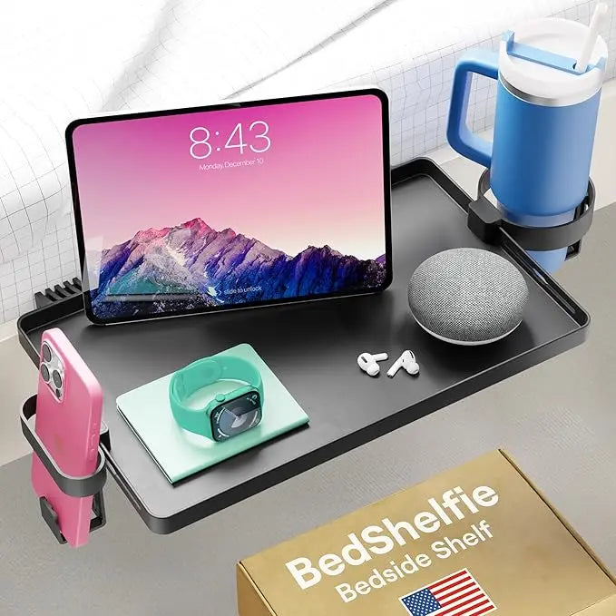 BedShelfie Bedside Shelf for Dorm Room Bunk Bed & Top Bunk, College Dorm Room Essentials, Bedside Caddy, Clip on Floating Tray, Bed Side Table Storage, Loft Nightstand Decor, Black BedShelfie