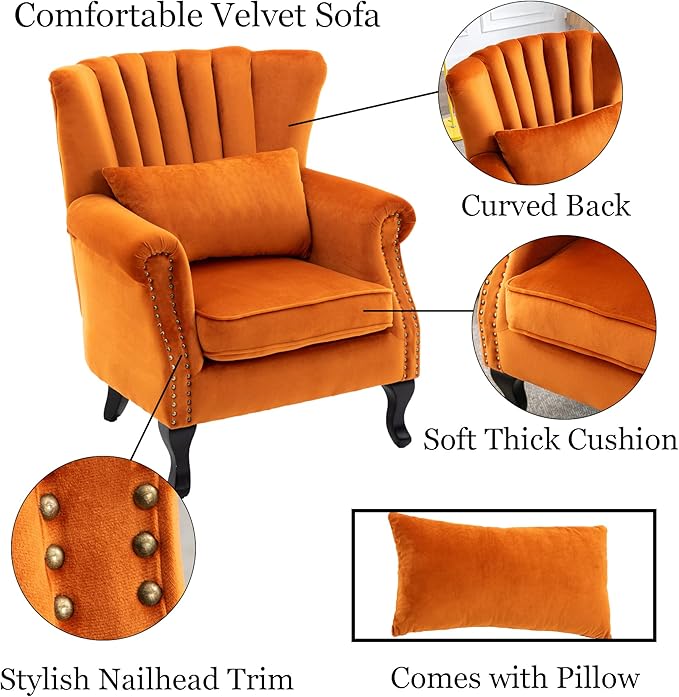 Mid Century Accent Chair Modern Tufted Wingback Armchairs Club Chair Velvet Single Sofa Lounge Chair with Pillow for Living Room, Orange