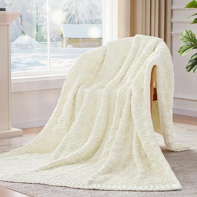 Knitted Weighted Blanket for Adult, Chunky Knit Weighted Throw for Sleep 48"*72" 15lbs, Cooling Breathable Heavy Blanket for Hot Sleepers, Machine Washable Blanket for Room Decor(Ivory White)