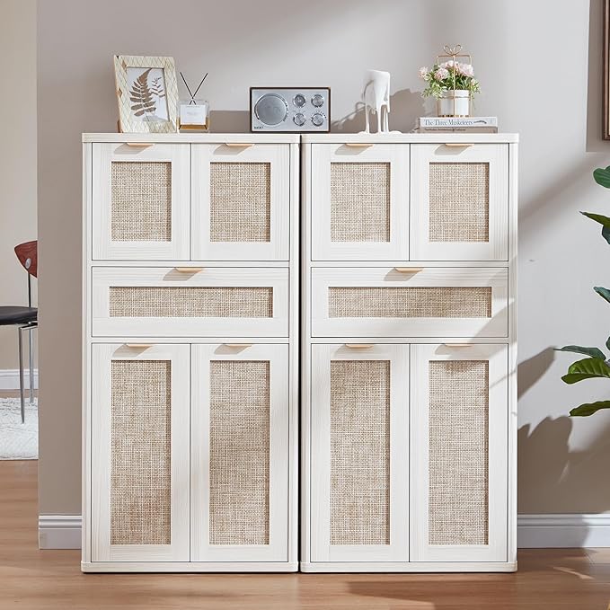 LEYAOYAO 48" Tall Storage Cabinet Set of 2,Rattan Bathroom Floor Cabinets with 2 Doors & 1Drawer,Boho Kitchen Pantry with Adjustable Shelves,Wooden Cupboard for Living Room,Home Office,White Cream Oak