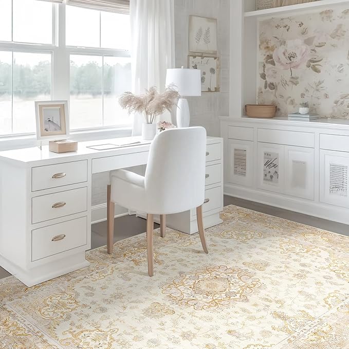 Boho Rug 3'x5',Washable Area Rugs for Bedroom Living Room Kitchen Entryway Bedside,Small Vintage Bohemian Distressed Non Slip Carpet,Beige Gold Floral