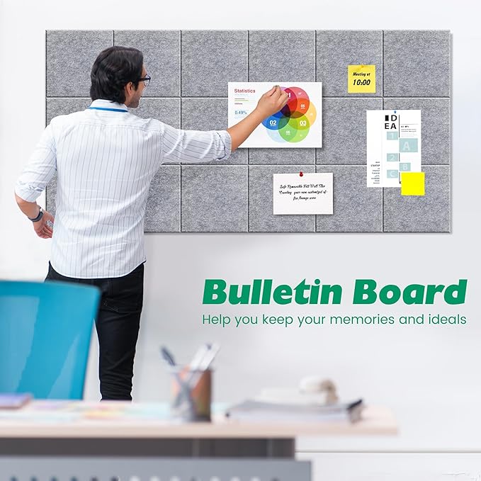 Large Corkboard Alternative - 11.8"x11.8"x0.35" 12 Pack Felt Wall Tiles Self-Adhesive Safe Removable Large Corkboard Bulletin Board Felt Cork Board for Walls Office 48 x 36-Light Gray