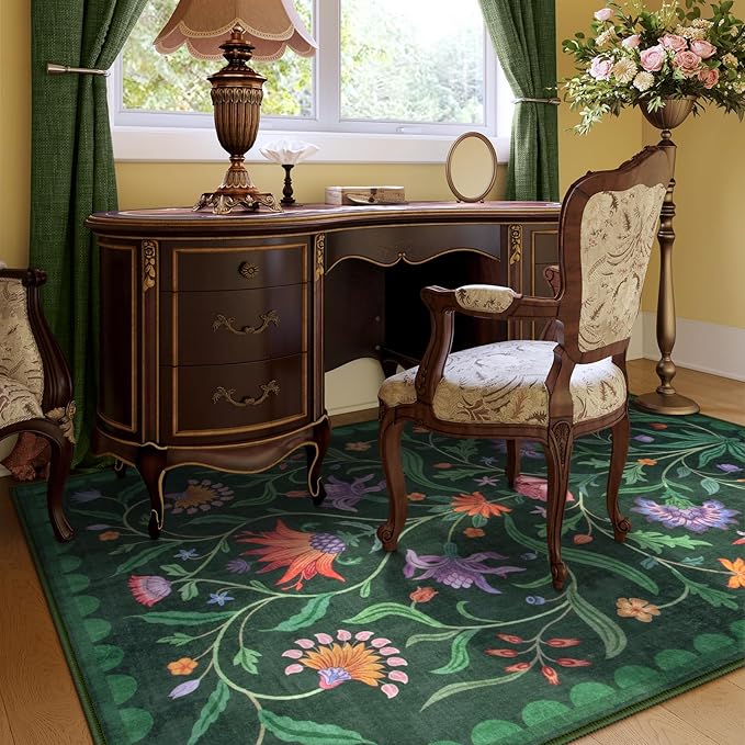 Lahome Boho Floral Washable Green 5x7 Area Rugs for Living Room, Non Slip Rugs for Bedroom Entryway, Indoor Ultra-Thin Throw Dining Room Carpet for Under Table Kitchen Dorm(Forest Green,5x7)