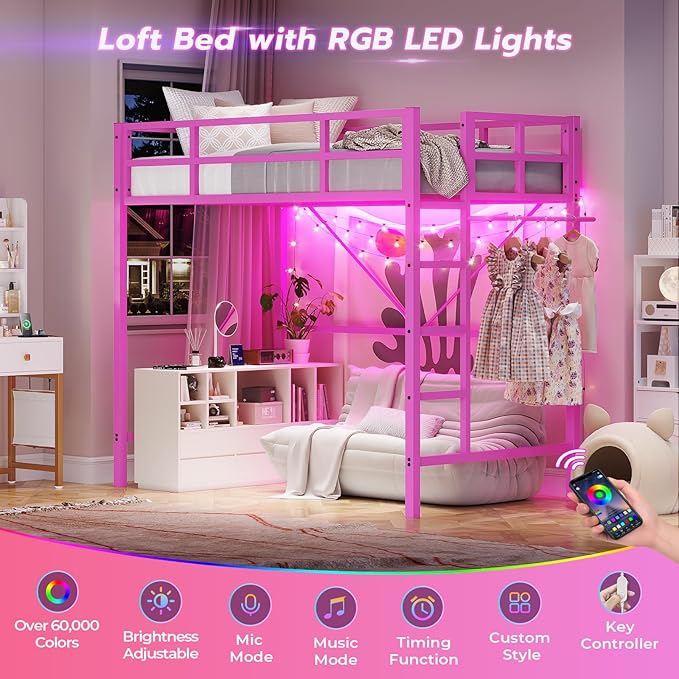 DICTAC Loft Bed Twin Size with Ladder and Guardrail,Metal Twin Loft Bed with Led Lights,Pink Loft Bed for Girls,Small Space Saving Design for Bedroom,Kid Room and Dorm,No Box Spring Needed, Pink