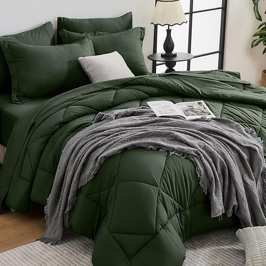 HEVUMYI Army Green Twin Comforter Set - 5-Piece All Season Bed in a Bag Twin, Ultra Soft Bedding Set with Comforter, Flat Sheet, Fitted Sheet, Pillowcases, Pillow Shams