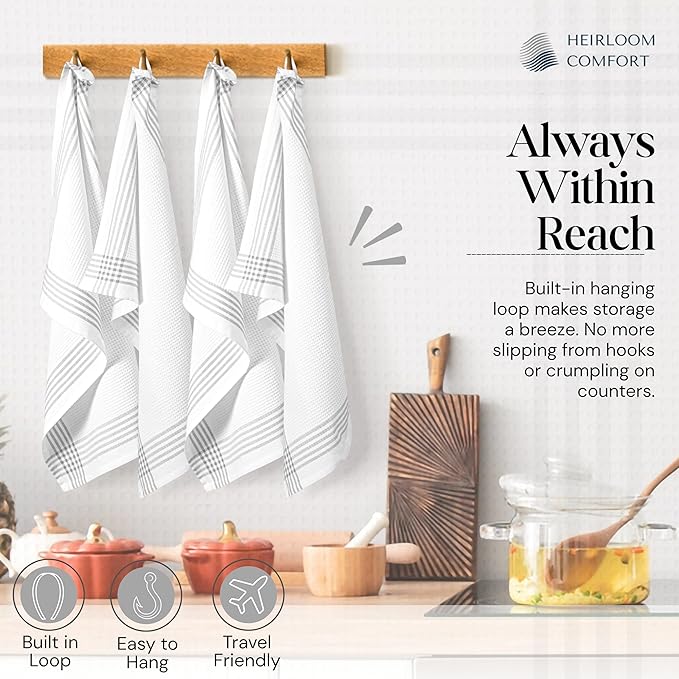 Grey and White Cotton Kitchen Towels 3 Pack, 16x26 Inch, Waffle Weave, Quick Dry, Absorbent, Durable Dish Towels for Drying, Cleaning, Cooking, Daily Kitchen Use