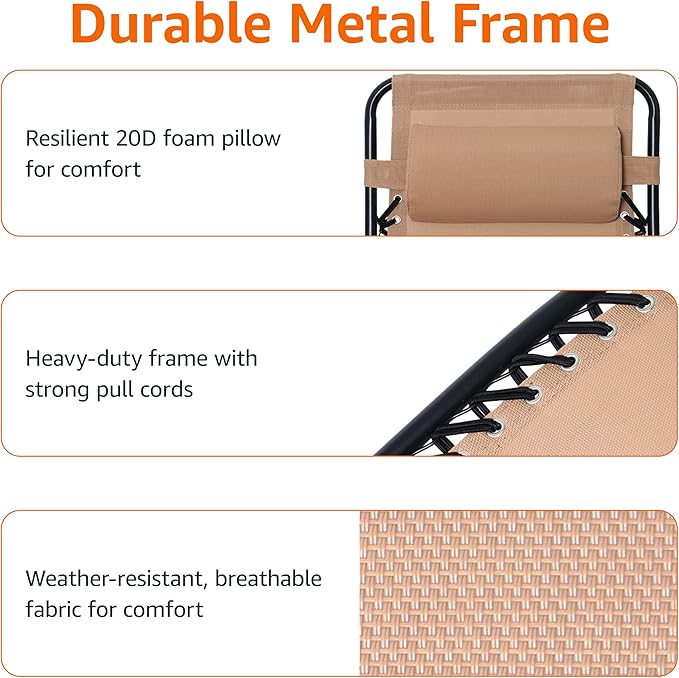 Amazon Basics Outdoor Patio Mesh Adjustable Zero Gravity Lounge Chair Recliners set of 2 with Side Table, 35 x 26 x 43 inches, Beige