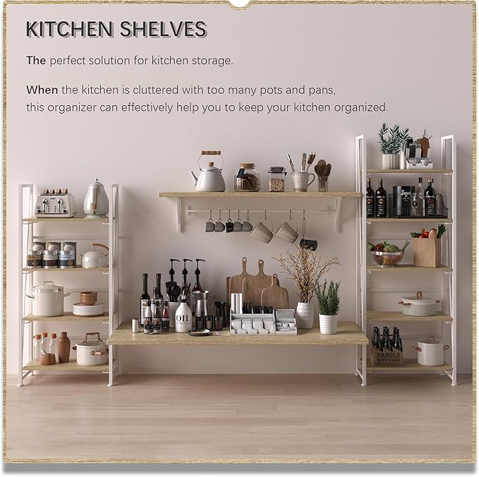 4NM No Assembly Folding Bookshelf Storage Shelves 4 Tiers Vintage Bookcase Standing Racks Study Organizer Home Office (Natural White)