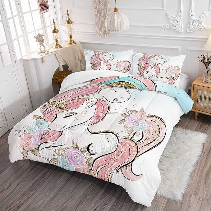 CVHOUSE Unicorn Bedding Twin Size Set for Girls Kids - Cute Comforter Chrismas Duvet Quilt Set Girls Room Decor 3 Pieces