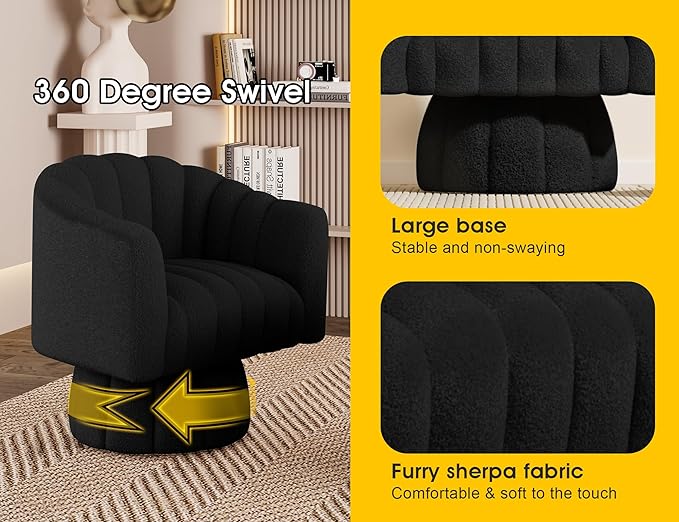 360 Degree Sherpa Swivel Cuddle Barrel Accent Sofa Chairs, Round Teddy Armchairs with Wide Upholstered, Furry Boucle Reading Chair for Living Room, Bedroom, Office, Waiting Rooms (Black)