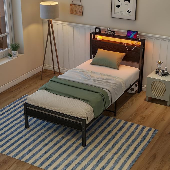 HOJINLINERO Twin Bed Frames with LED Light and Charging Station, Wood Storage Headboard with 2-Tier Shelves, Metal Platform Bed with Heavy Duty Slats Support, No Box Spring Needed, Black
