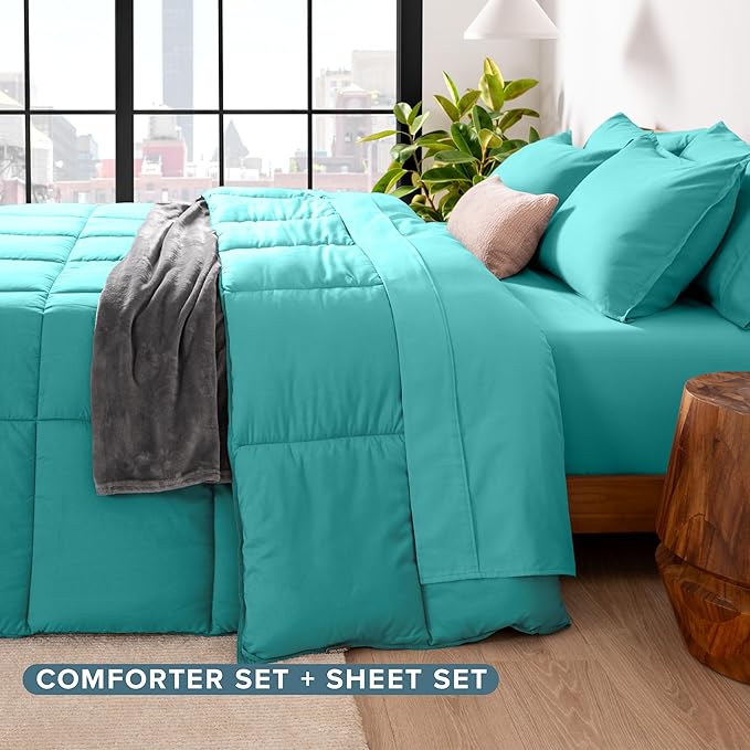 Bare Home Bed-in-A-Bag 5 Piece Comforter & Sheet Set - Twin XL - Goose Down Alternative - Ultra-Soft 1800 Premium Bed Set (Twin XL, Turquoise/Turquoise)