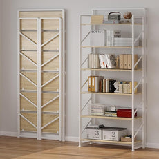 JSB No Assembly Folding Bookshelf, 6 Tier Industrial Metal Book Shelf for Storage, Vintage Wood Foldable Bookcase for Living Room, Bedroom, Office Organization Shelves