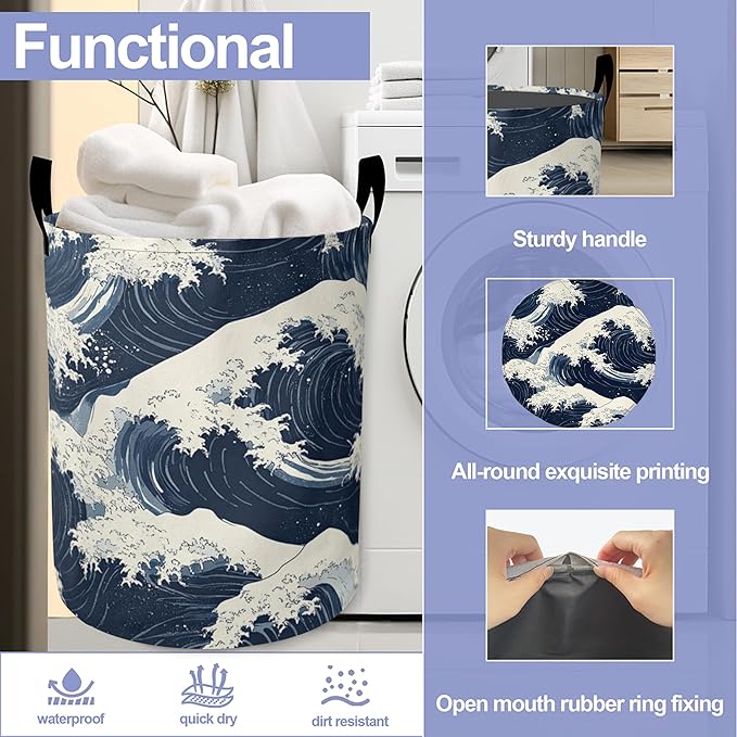 Japanese Style Waves Laundry Hamper Large Canvas Fabric Lightweight Storage Basket/Dirty Clothes Collapsible Waterproof for College Dorms, Boys and Girls Bedroom,Bathroom