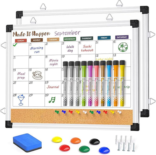 Monthly Dry Erase Board and Cork Board Combo for Wall, 17"x13" Reversible Hanging Dry Erase Board, Double Sided White Board with Aluminum Frame for Planning, Office, Kitchen, School, Home