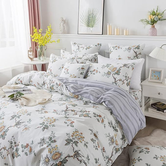 FADFAY Duvet Cover Set Twin XL Elegant Floral College Bedding Shabby Beige Bird Print Flower Quilt Cover Set 100% Cotton Soft Comforter Cover Set with Zipper Closure 3Pcs, Twin XL Size for Dorm Room