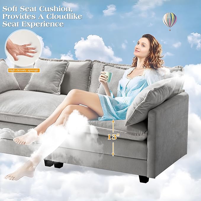 113.4" Modular Sectional Sofa,Cloud Couch for Living Room, Modern Deep Seat Sofa 3 Seater Chenille Fabric Comfy Couches with Throw Pillows for Apartment