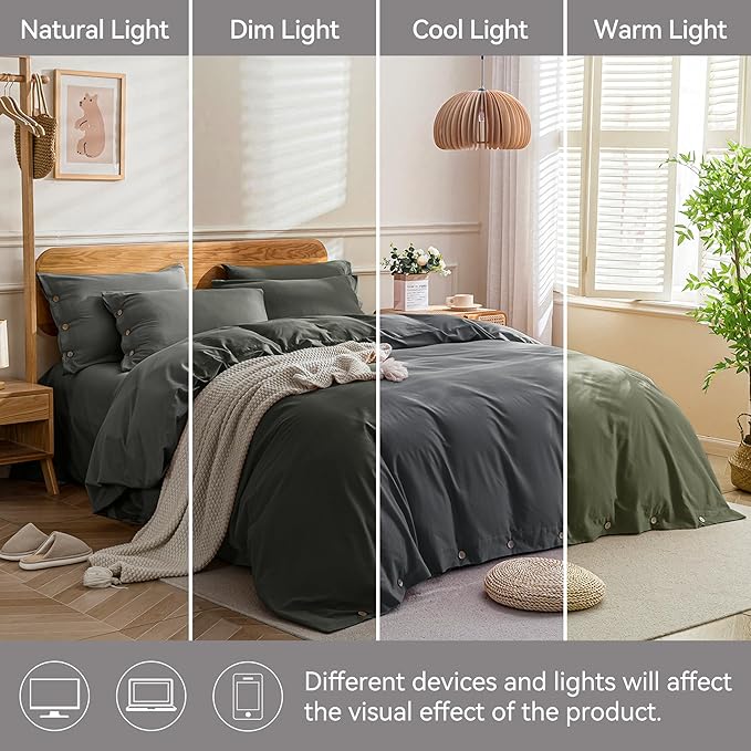 JELLYMONI Cotton Duvet Cover Queen Size - Gray Comforter Cover with Button 100% Washed Cotton 3PCS Breathable Soft Solid Bedding Set Duvet Cover 90×90in & 2 Pillowcases (NO Comforter)