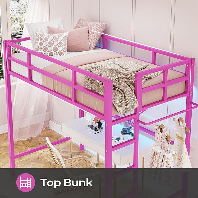 DICTAC Loft Bed Twin Size with Ladder and Guardrail,Metal Twin Loft Bed with Led Lights,Pink Loft Bed for Girls,Small Space Saving Design for Bedroom,Kid Room and Dorm,No Box Spring Needed, Pink