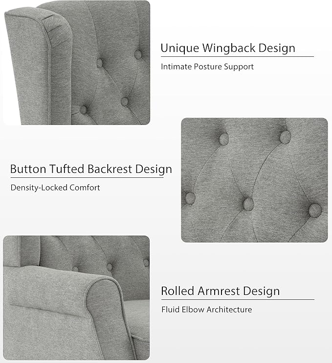 Lumibee High Back Accent Chair Set of 2,Upholstered Wingback Armchair with Solid Wood Legs for Small Spaces,Comfy Single Sofa Chair for Living Room,Bedroom,Office-Light Gray