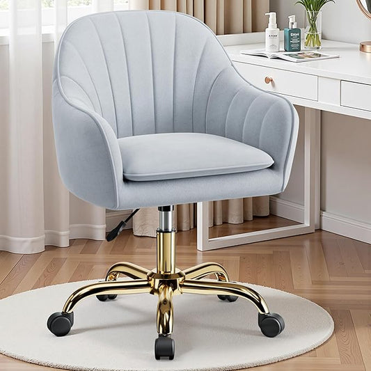 Vanity Chair with Wheels, Comfy Home Office Desk Chairs Adjustable Modern Velvet Makeup Vanity Chairs for Bedroom Living Room-Gray