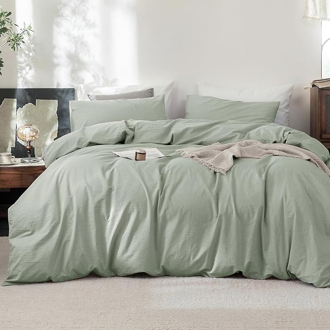 FOSSA Duvet Cover Set 100% Washed Cotton Linen Feel Super Soft Breathable Cozy 3 Pieces Bedding Sets Solid Sage Green Super King
