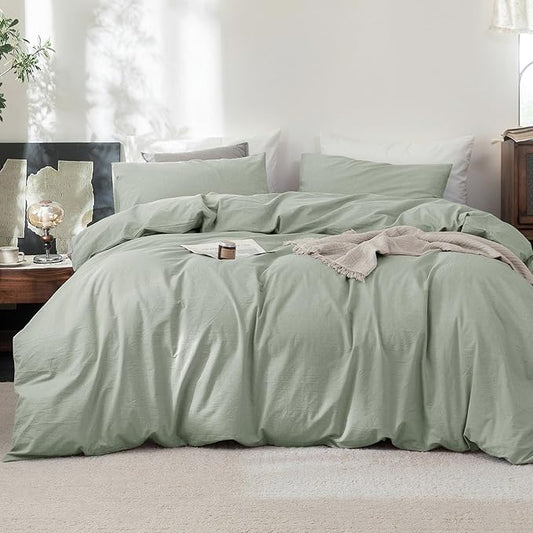 FOSSA Duvet Cover Set 100% Washed Cotton Linen Feel Super Soft Breathable Cozy 3 Pieces Bedding Sets Solid Sage Green Full/Double