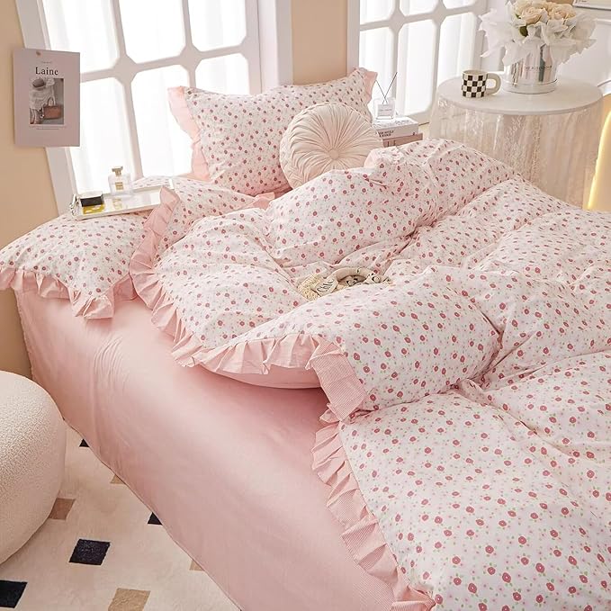 MKXI King Size Pink Floral Ruffle Comforter Set - 3 Piece Pastoral Ruffled Floral Comforter with Pillow Shams, Reversible Pink Flower & Striped Design, Soft Aesthetic Bedding Set for Teen Girls