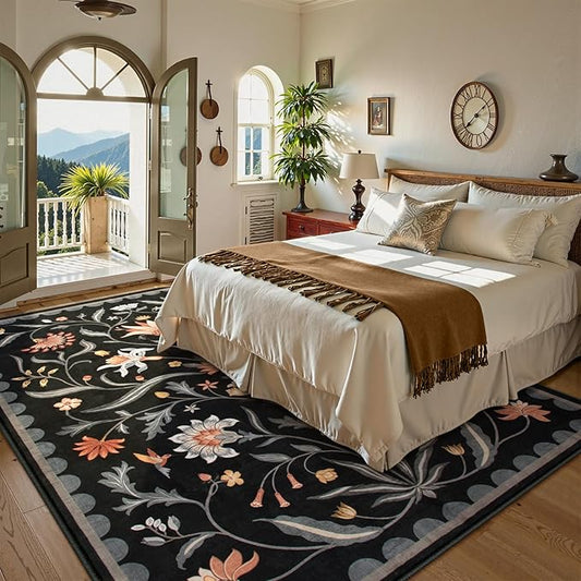 Lahome Boho Floral Washable Black 8x10 Area Rugs for Living Room, Non Slip Rugs for Bedroom, Ultra-Thin Indoor Throw Dining Room Carpet for Under Table Home Office Farmhouse (Black,8x10)