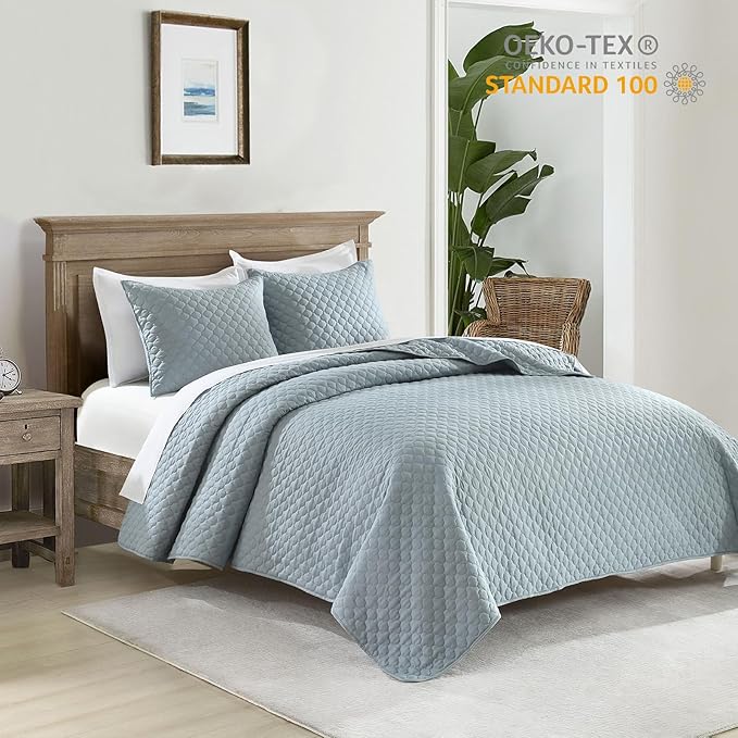 HORIMOTE HOME Quilt Twin Size Chambray Blue, Lightweight Quilt for Summer Ultra-Soft Microfiber Modern Style Quilted Clouds Pattern Bedspread Quit Set 2 Pieces (1 Quilt and 1 Pillow Sham)