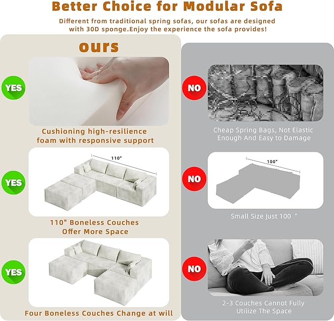 110" Cloud Couch Sectional for Living Room U-Shape Boneless Couches Modular Sectional Sofa with Deep Seat with Chaise,No Assembly Required, Carbon White(Plush Corduroy Fabric)