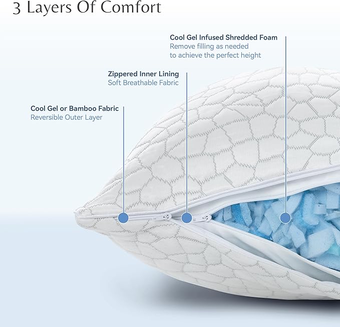 Cool Gel Cooling Pillow for Hot Sleepers - Queen Size Set of 2 Shredded Memory Foam Pillows for Sleeping - Adjustable Neck & Shoulder Support, Reversible Cover, Hypoallergenic & Breathable
