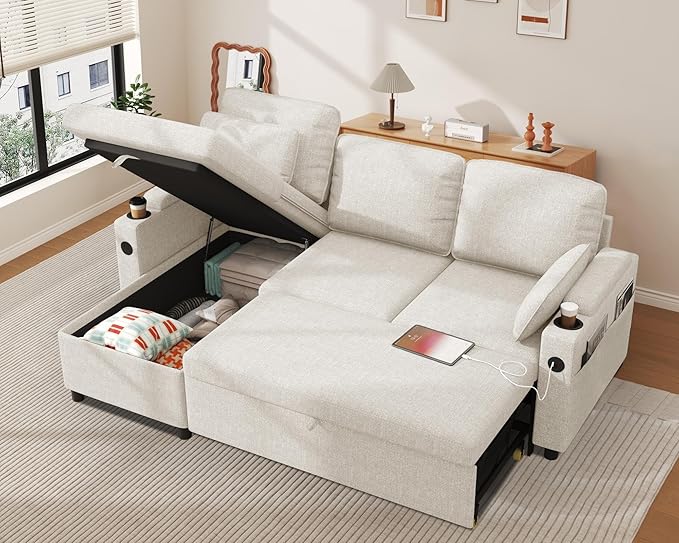 DURASPACE Sofa Bed, Sleeper Sofa Couch with Pullout Bed for Living Room, L Shaped Couch with Storage Chaise, USB, Cup Holder (Beige)