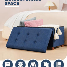 B FSOBEIIALEO Storage Ottoman with Tray, Foot Stools and Ottomans with Legs, Storage Cube Seat Linen Blue 30